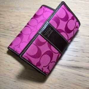 Coach Pink Signature Canvas Trifold Card Holder with Brown Trim